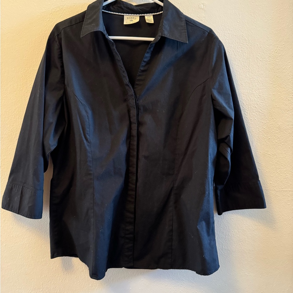 Riders by Lee Black Button Up Blouse XXL 3/4 Sleeve Career Minimalist Shirt